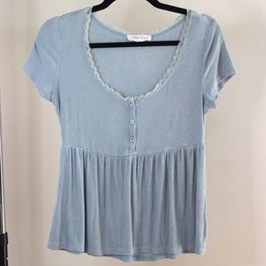 Pink Rose - Grey/Blue Women's Casual Henley Blouse SIZE S/M - Minor Defect